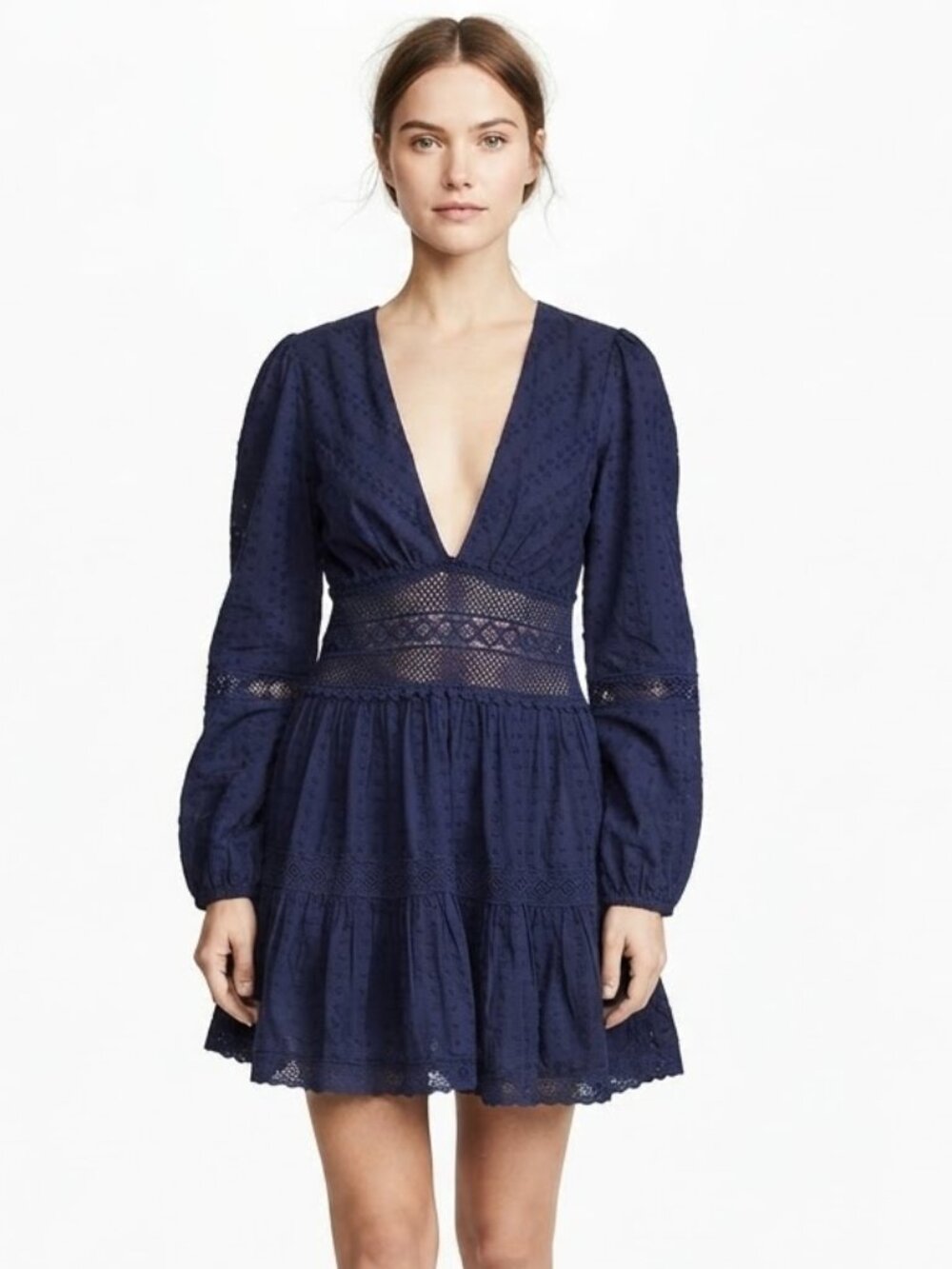 Free People Blue Long Sleeve Mini Dress | Boho Swiss Dot Lace Cutout Dress Size